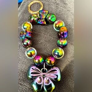 Oil slick Beaded Bracelet Keychain with Bow Charm
